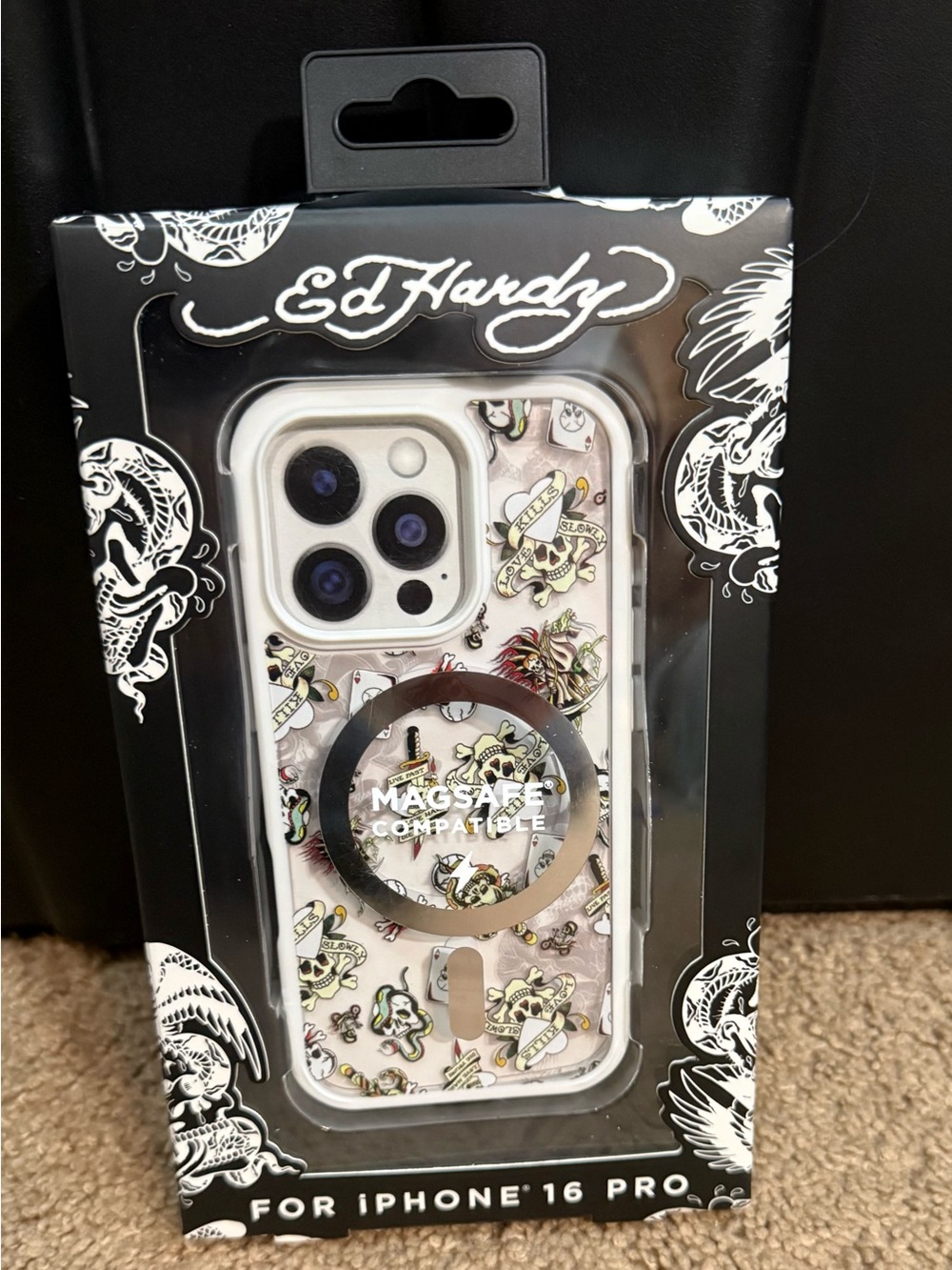 Ed Hardy White Floral Tattoo MagSafe iPhone 16 Pro Case